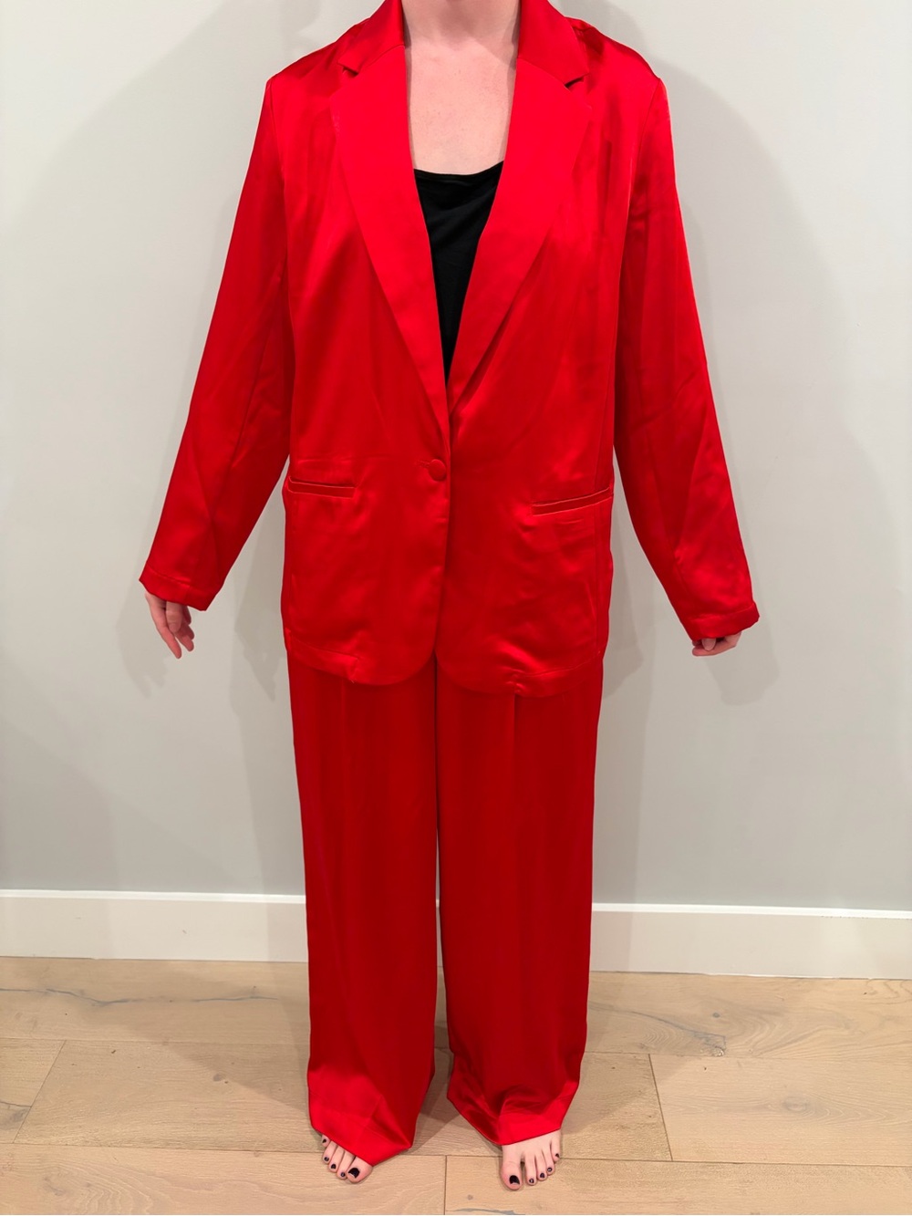 a new day Red Satin Wide-Leg Jacket and Trousers Set